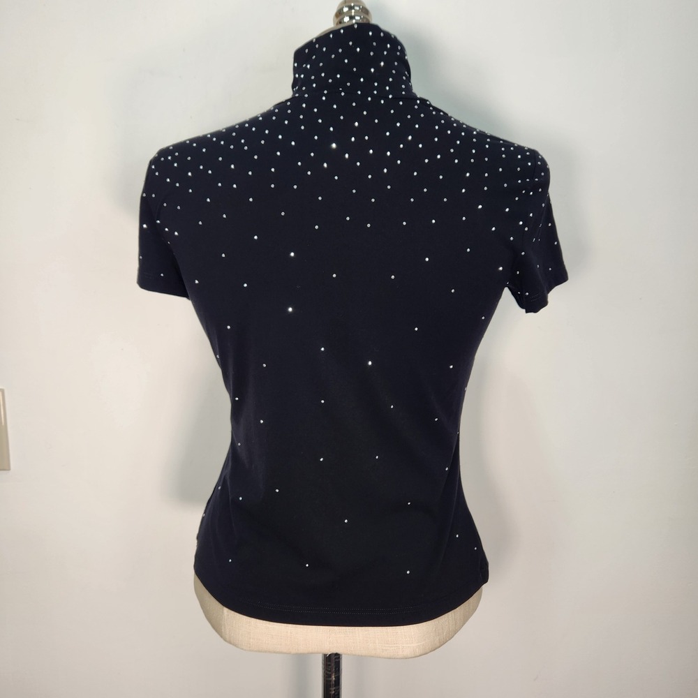 St. John Caviar Womens Black Studded Mock Neck Short Sleeve Top M Sparkle - Picture 3 of 11